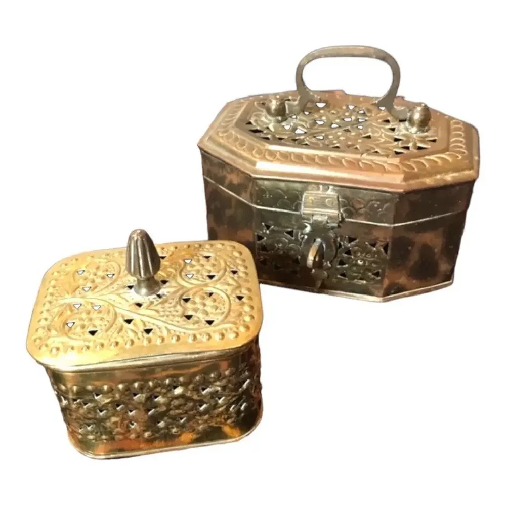 VINTAGE 70s BRASS BOXES with Floral designs KEEPSAKE OR POTPOURRI HOLDERS
